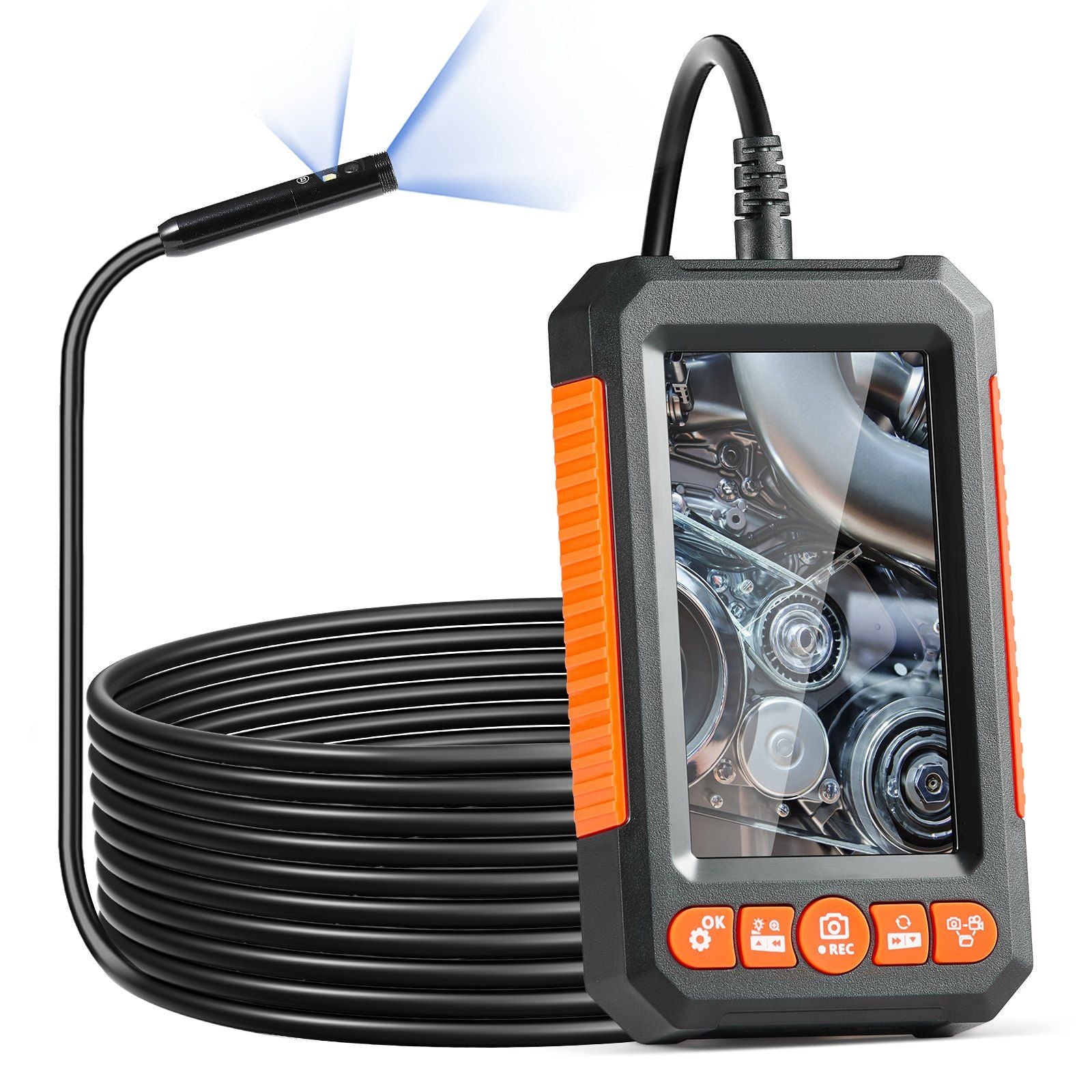 VEVOR dual lens endoscope camera with 16.4FT cable and 4.3-inch screen for inspections.