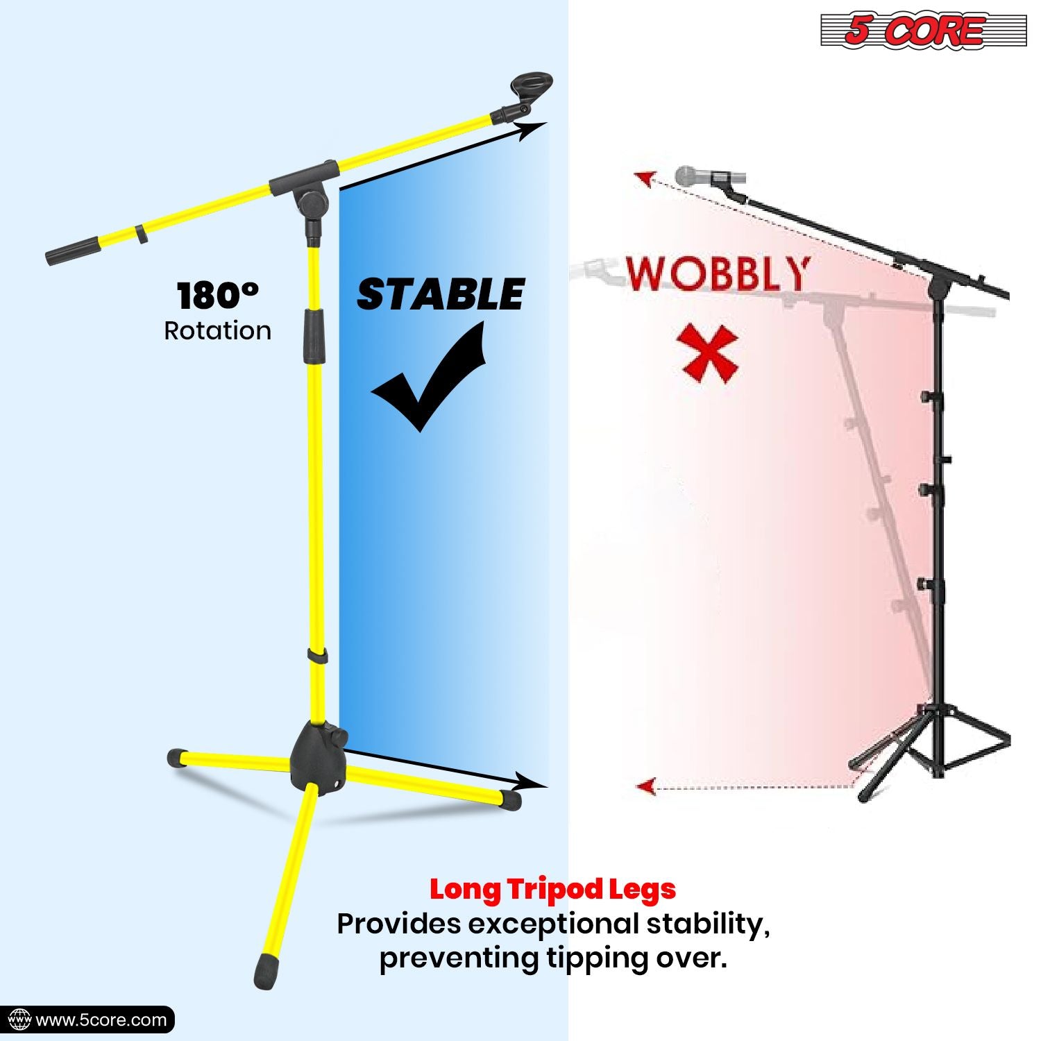 Adjustable 5 Core tripod boom mic stand in yellow, extending from 18-72 inches with stable long tripod legs.