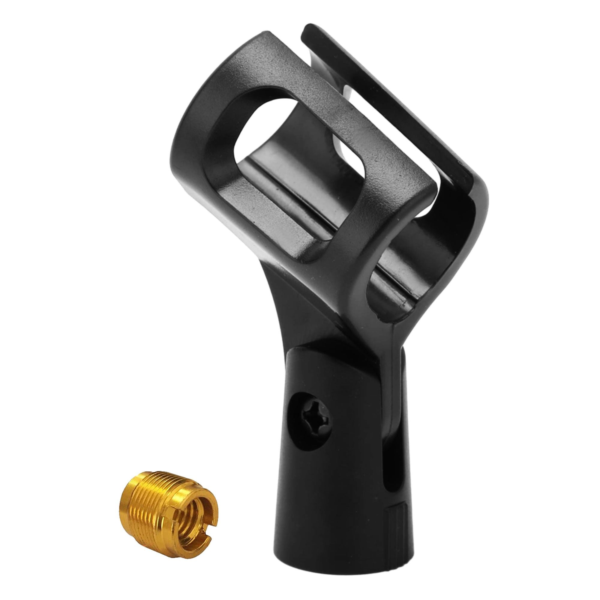 Black ABS metal microphone clip with gold 5/8 to 3/8 adapter, adjustable for various microphone sizes.