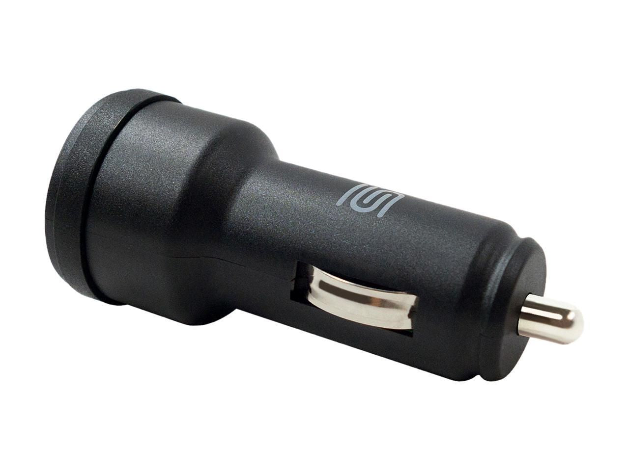 24W Dual USB car charger with 4.8A output, designed for 12V vehicles, featuring a sleek black finish.