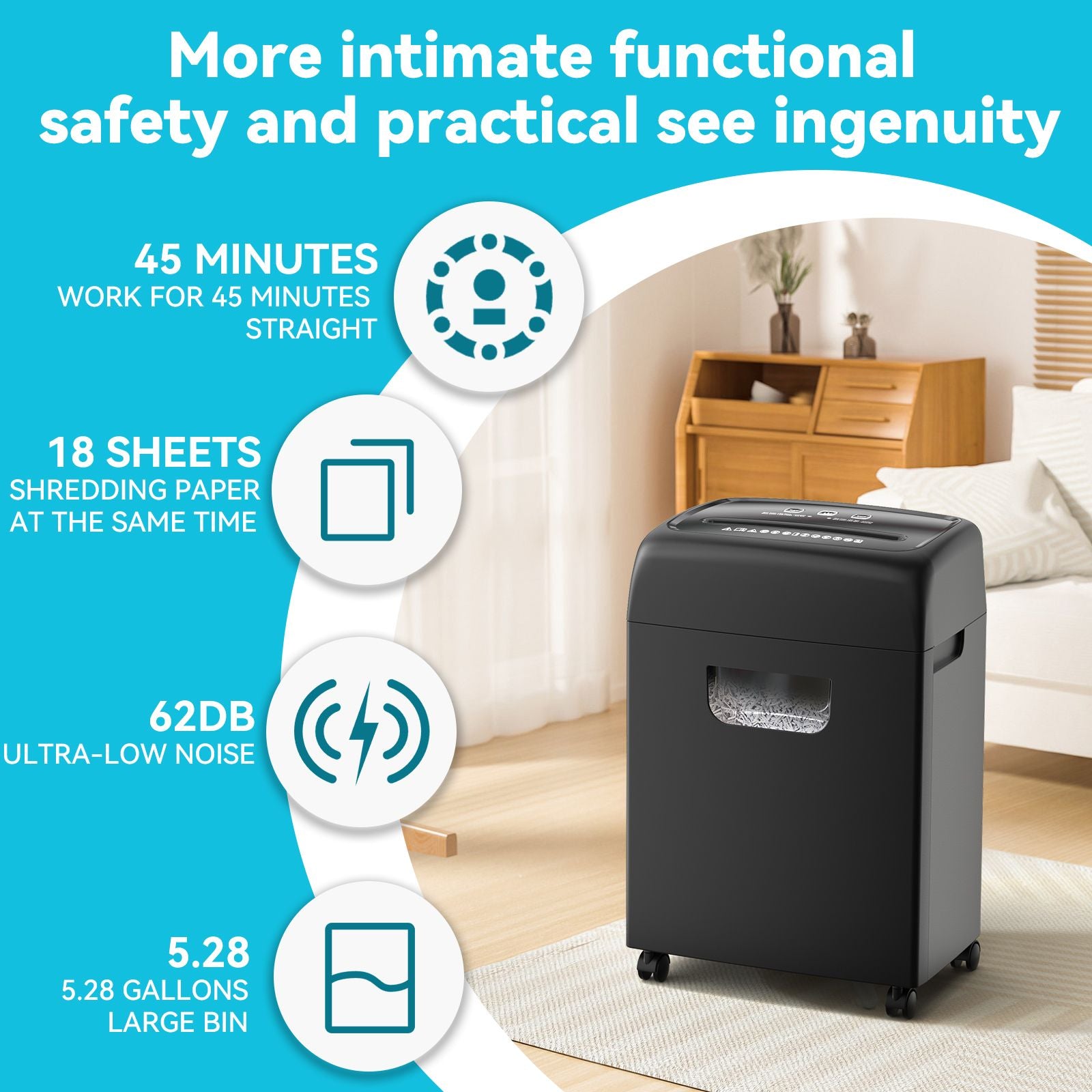 18-sheet cross cut paper shredder in black with 5-gallon bin, anti-jam feature, and quiet operation by Doba.