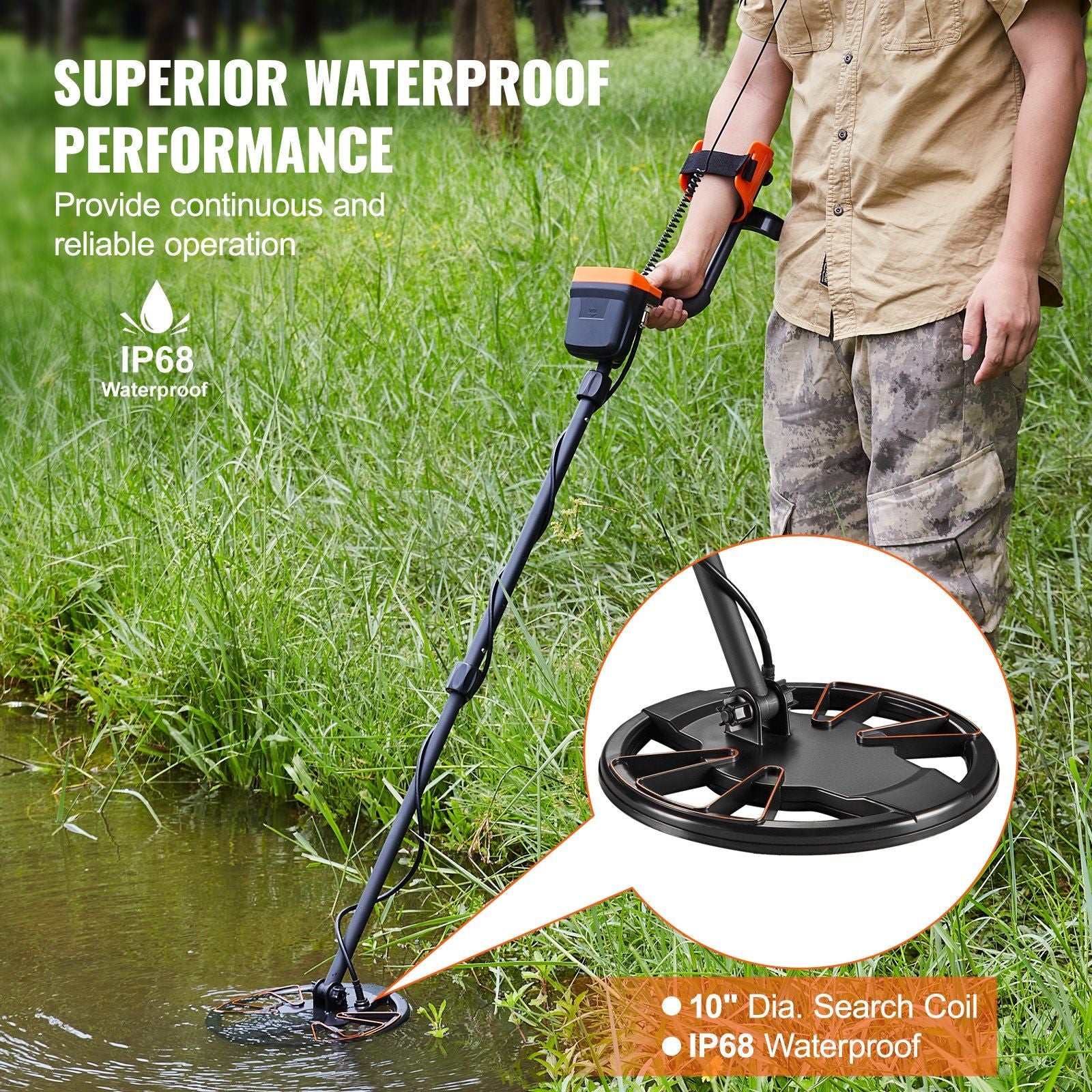 VEVOR metal detector with 10" waterproof search coil, adjustable aluminum stem, and LCD display, ideal for adults and kids.