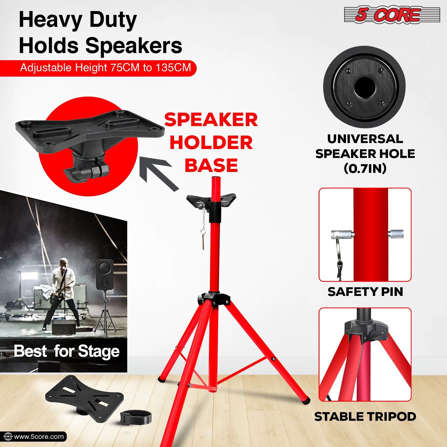 5 Core Heavy Duty Steel Speaker Stand Tripod 40-72" Red DJ Monitor