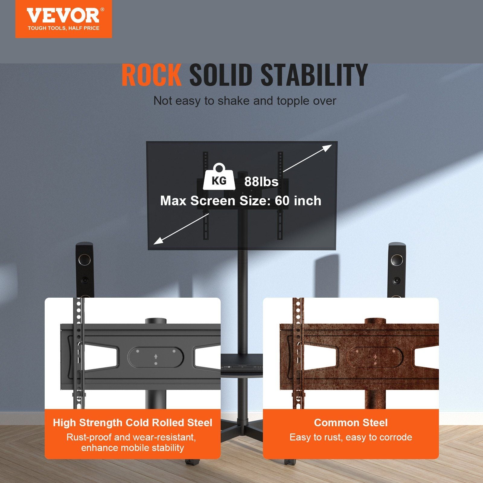 VEVOR mobile TV stand for 23-60 inch TVs, height adjustable, portable with wheels, durable steel construction.