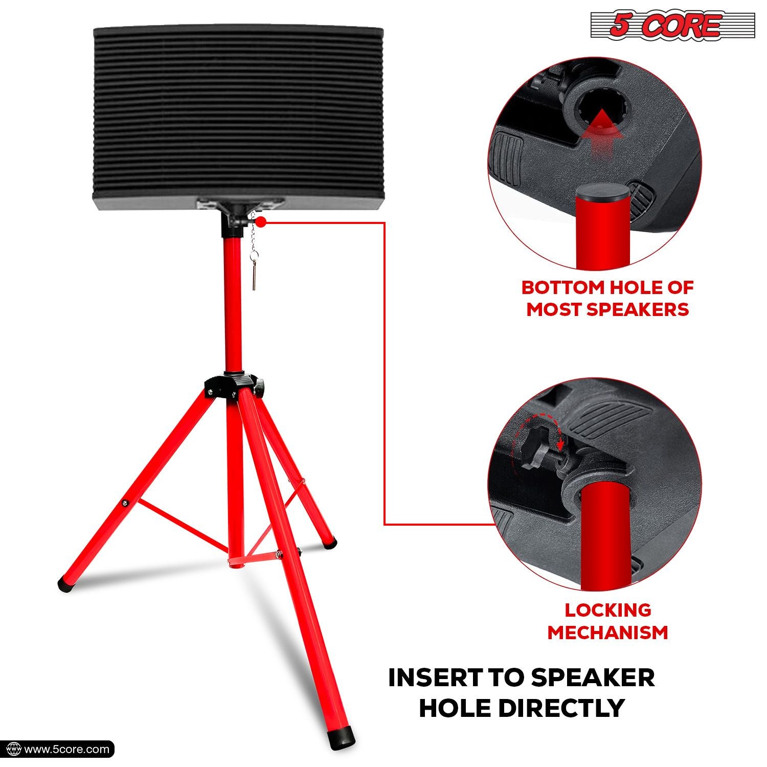 Red heavy-duty steel speaker stand tripod, adjustable 40-72", compatible with 35mm pole mount, by 5 Core.