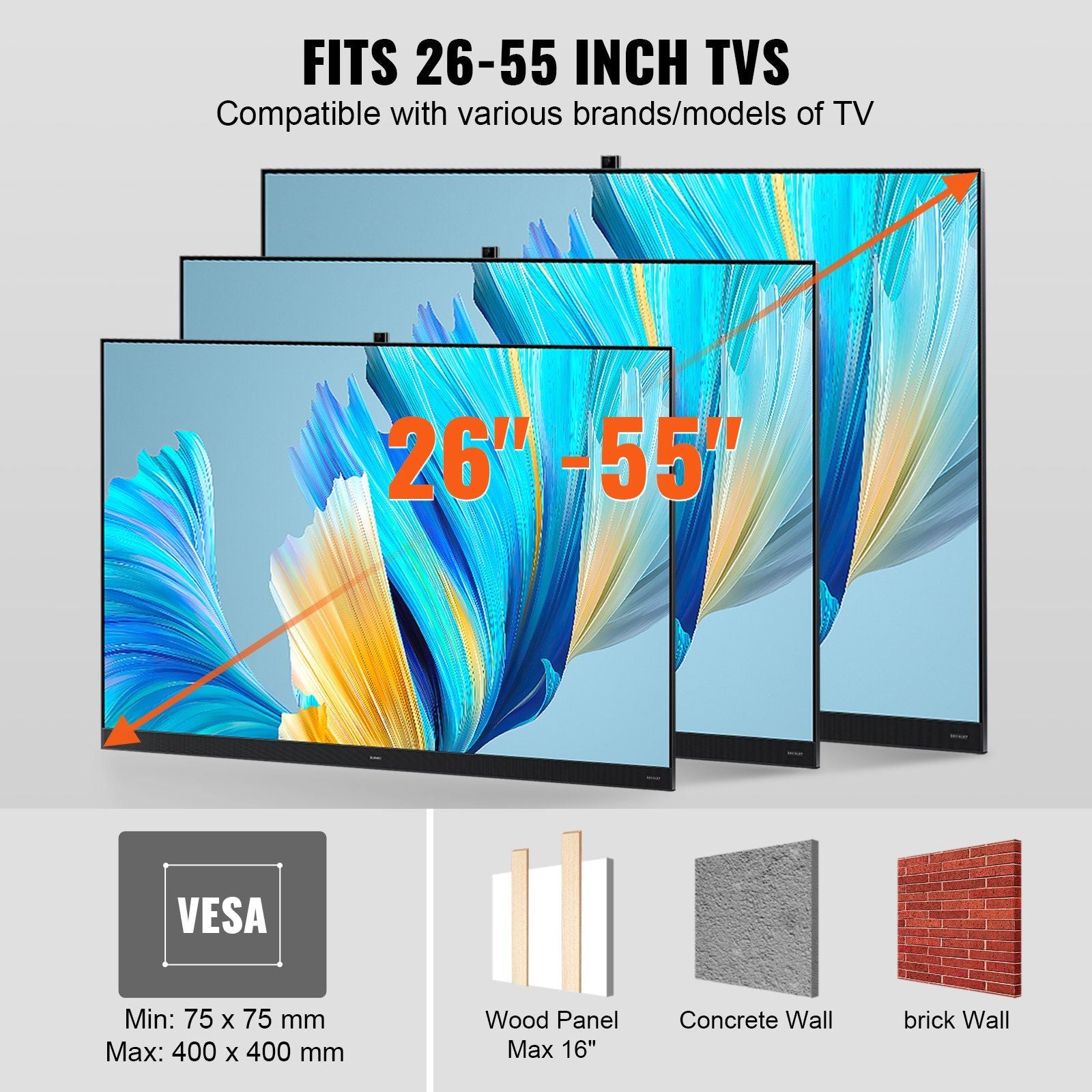 Vevor Full Motion TV Mount s'adapte à la plupart des téléviseurs de 26 à 55 pouces, support de montage mural horizontal pivotant