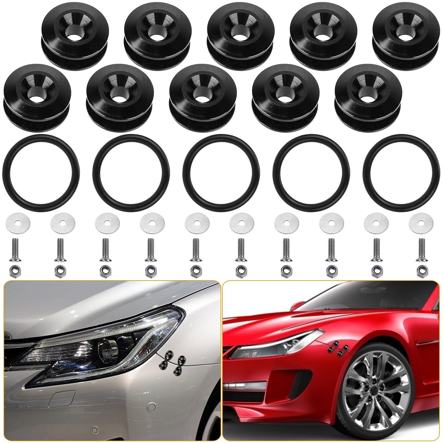 Black aluminum car bumper fasteners kit by Doba, includes quick release clips and O-rings for easy installation.