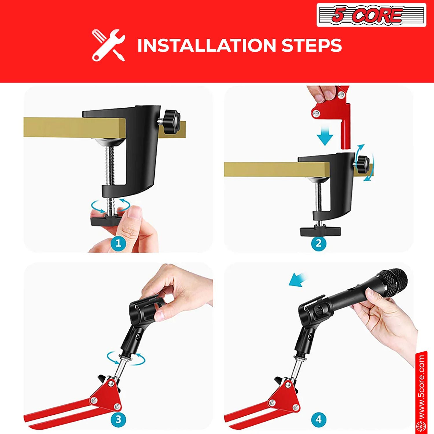5 Core Heavy Duty Metal Microphone Boom Arm - Red Desk Mount Stand
