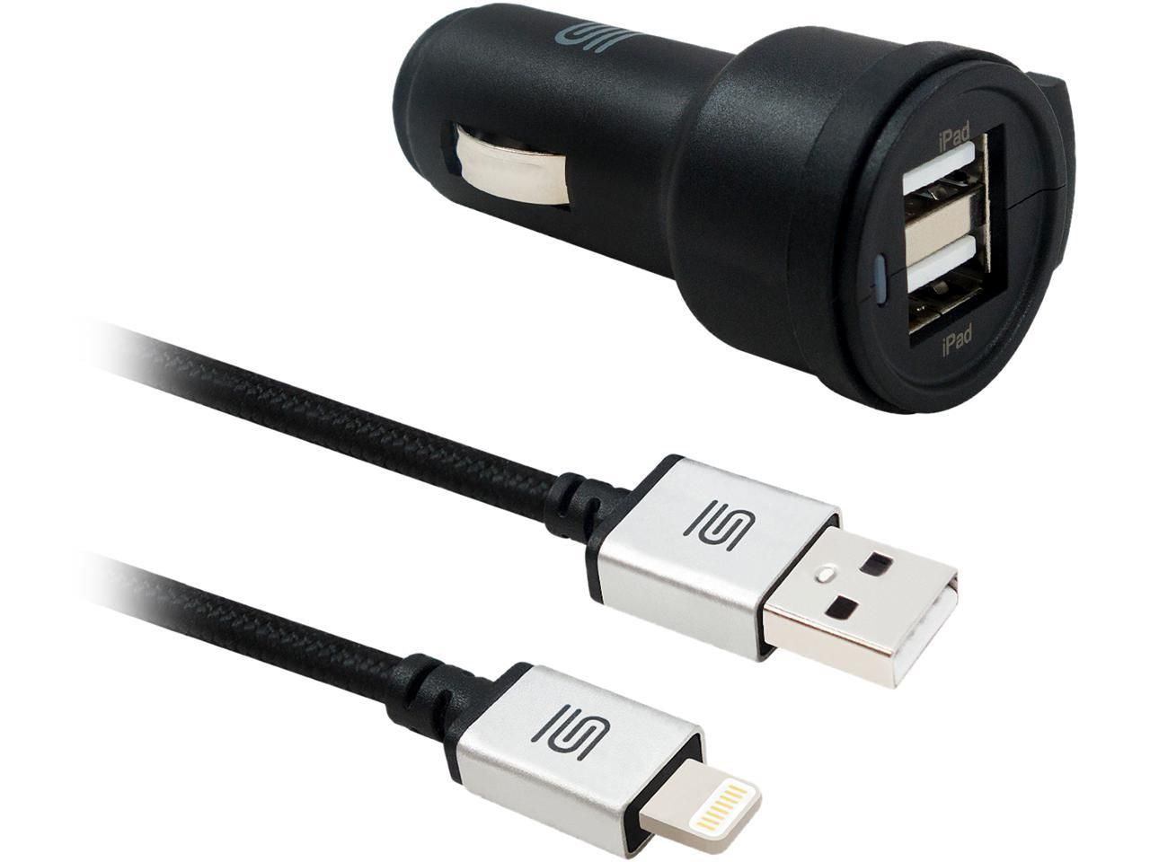 شاحن سيارة USB مزدوج ؛ 4.8A الإخراج ؛ عداد الجهد ولاعة السجائر متوافق مع Apple iPhone ؛ iPad Samsung Galaxy LG ؛ Google Nexus ؛ أجهزة شحن USB ؛ وكابل Lightning MFI ؛ فضي
