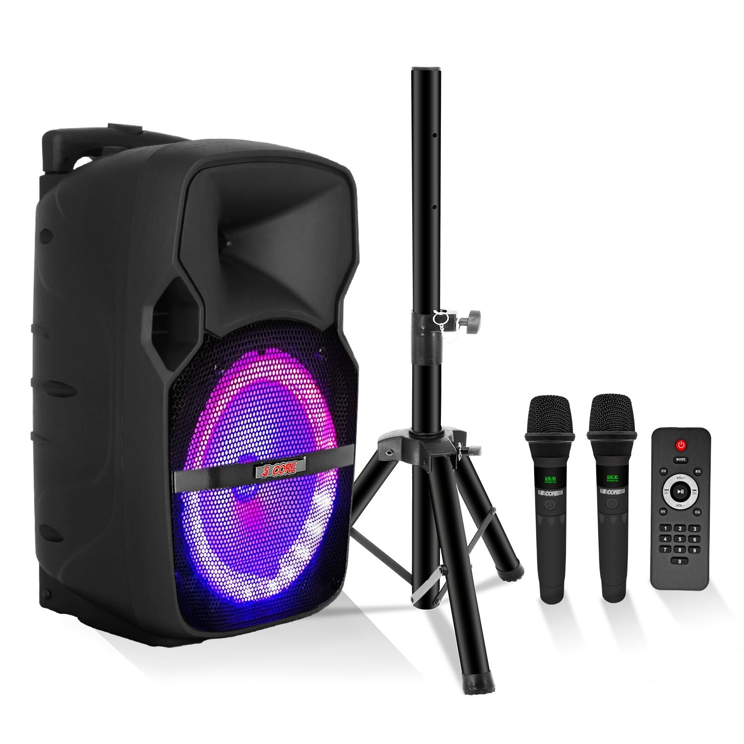 5 Core 10-inch portable Bluetooth PA speaker with 1200W, LED lights, two wireless mics, and tripod stand.