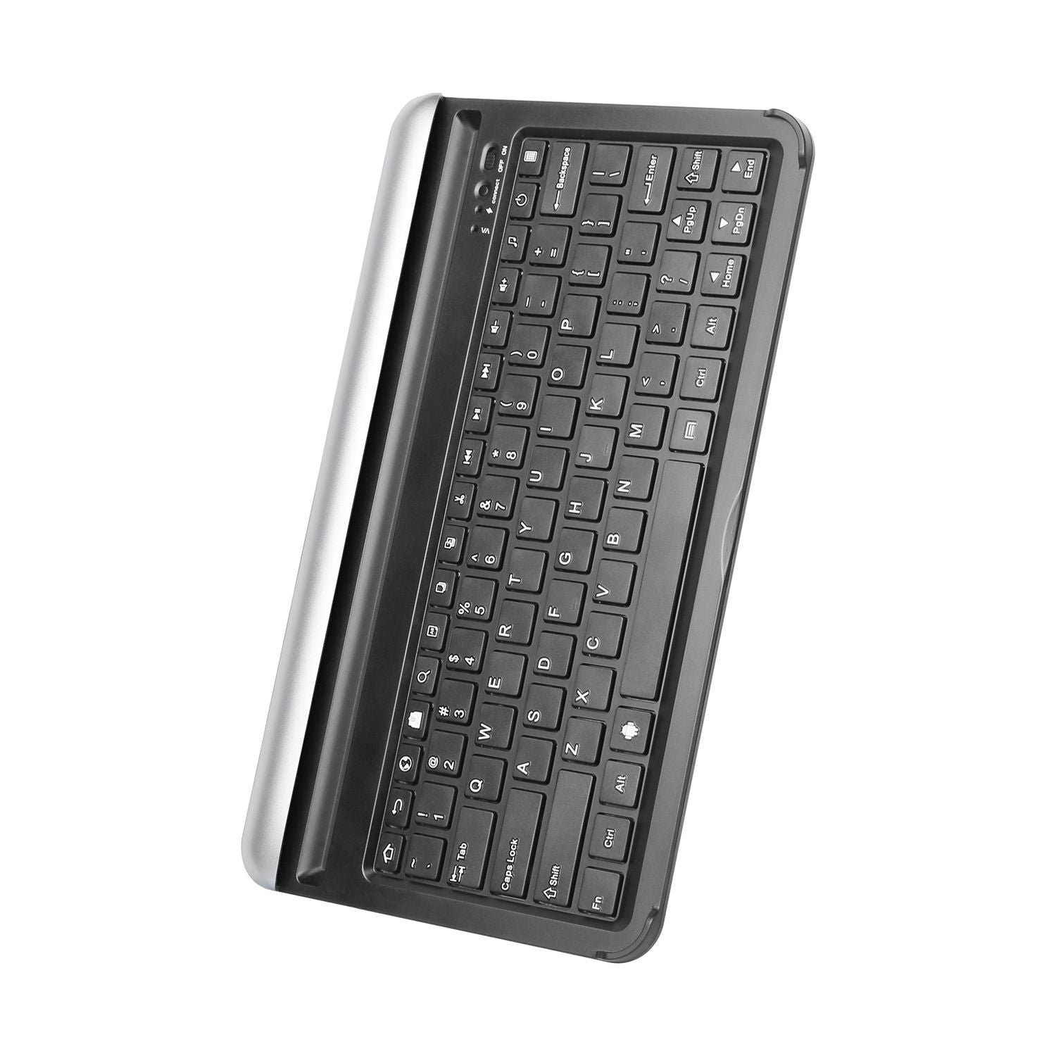 Ultra-portable silver wireless keyboard with built-in stand, compatible with KOCASO MX1080 and iNova EX1080.