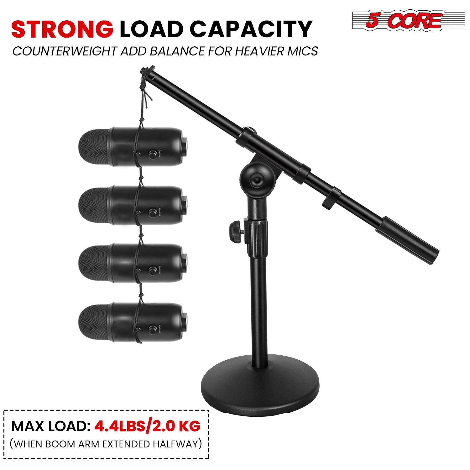 Black adjustable desktop microphone stand with boom arm and strong load capacity for heavy mics by Doba.