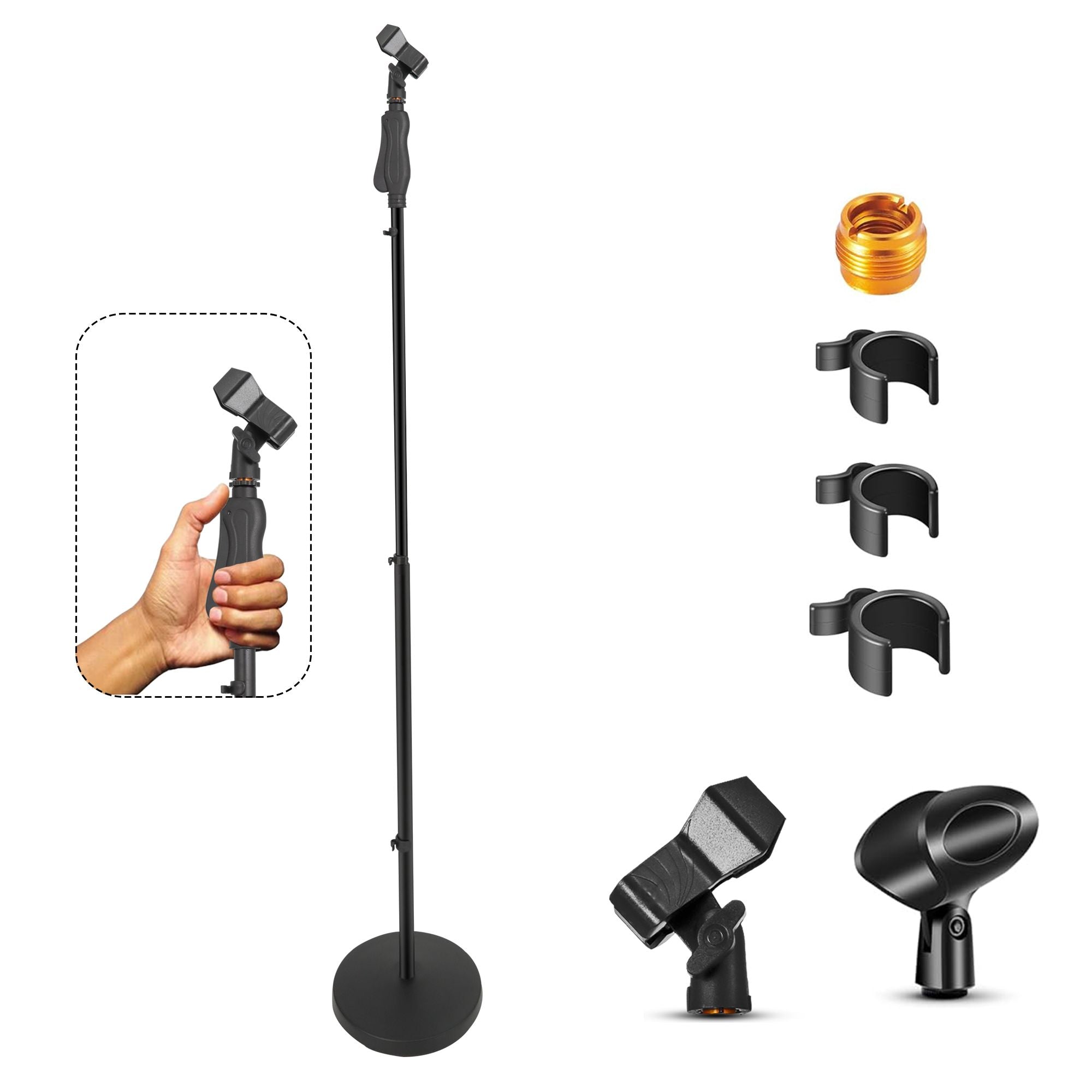 Black heavy-duty metal microphone stand with round base, adjustable height 35-57 inches, by Doba.