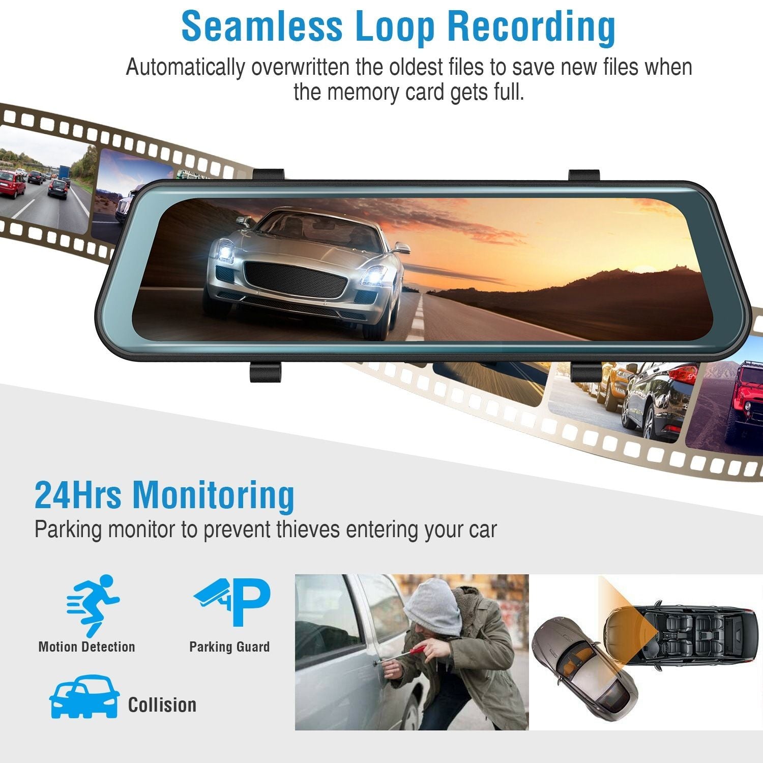 FHD 1080P CAR DVR DASH KAMERA 9.66in Perekam Mengemudi Kendaraan W/ G Sensor Parkir Pemantauan Rekaman Seamless