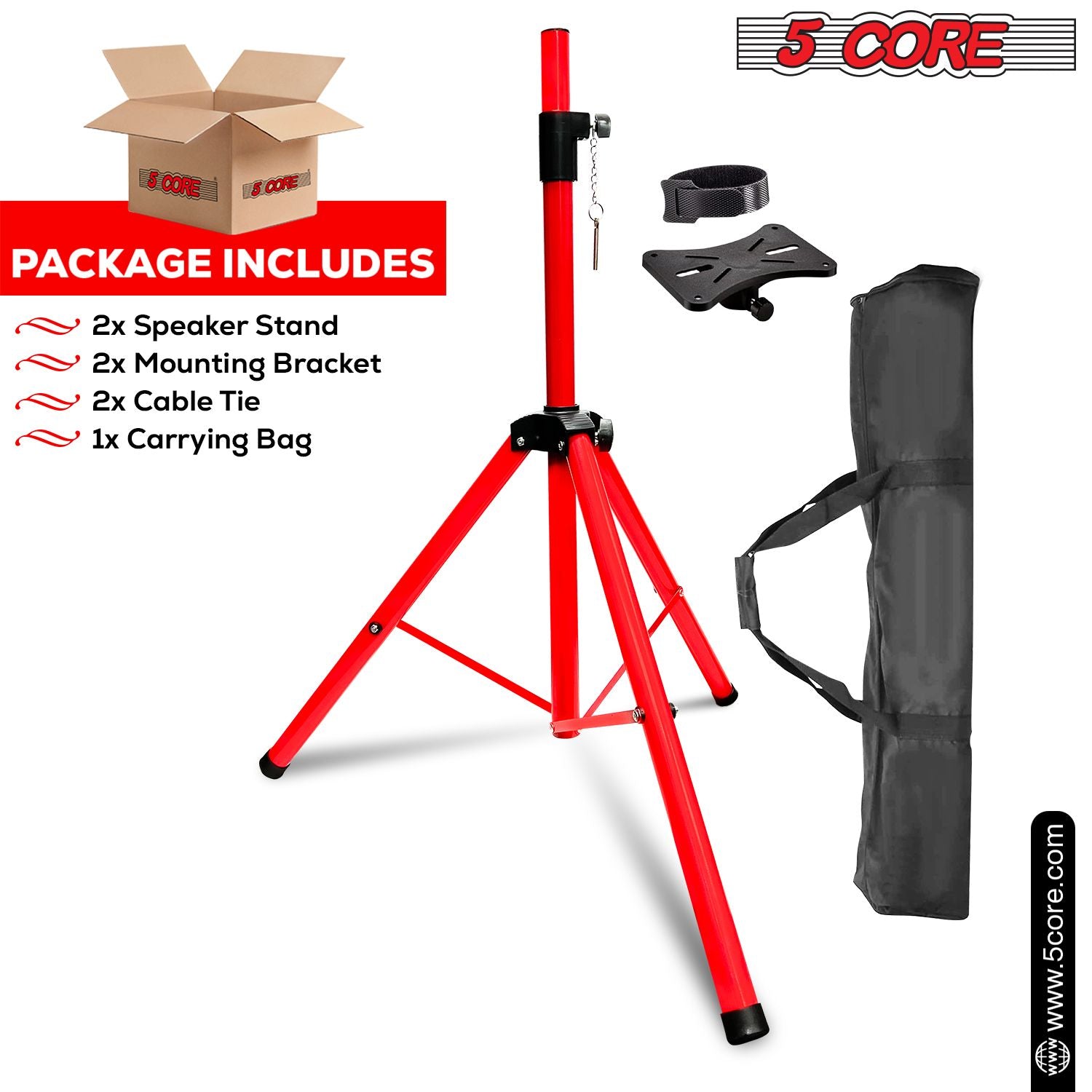 5 Core Heavy Duty Steel Speaker Stand Tripod 40-72" Red DJ Monitor