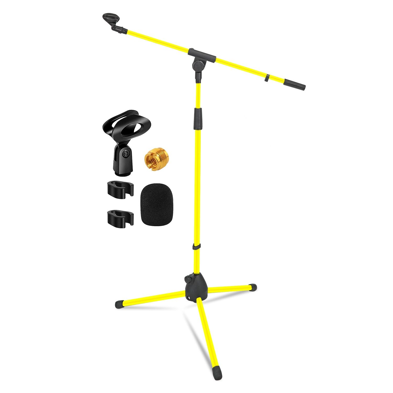 Adjustable yellow metal tripod boom mic stand by Doba, height 18-72 inches, includes microphone clips and accessories.