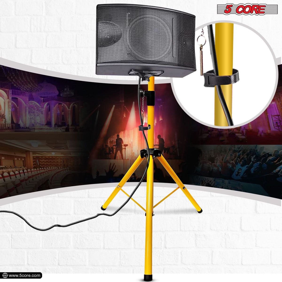 Heavy-duty yellow steel tripod speaker stand adjustable from 40-72 inches, supporting up to 132 lbs by 5 Core.