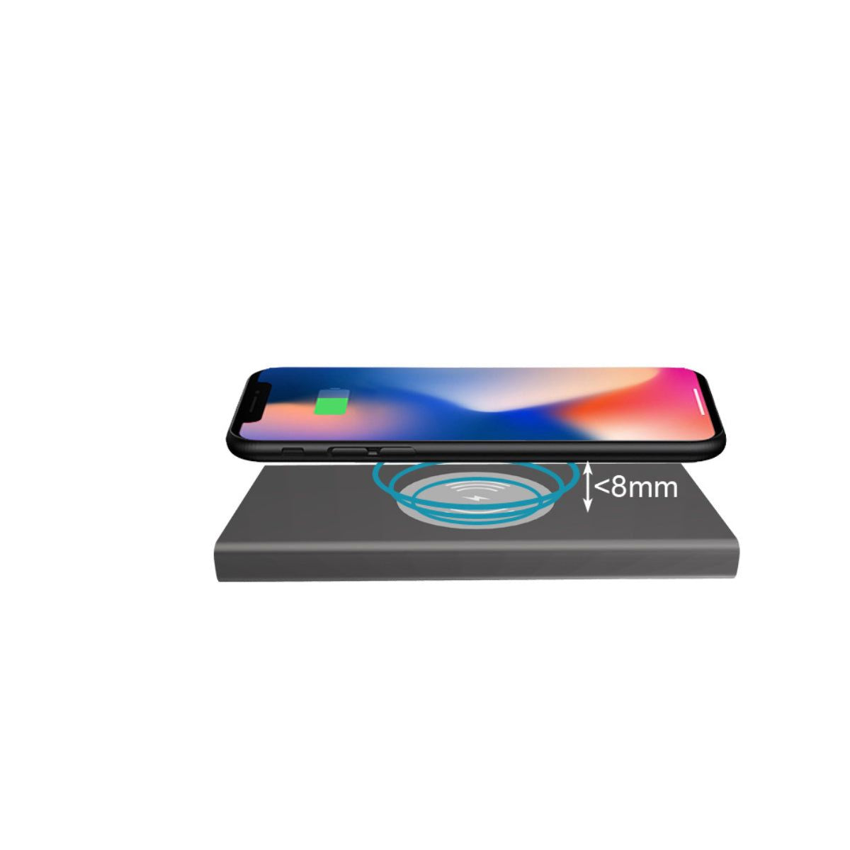 Doba 10000mAh black wireless portable power bank with Qi charging and dual USB ports.