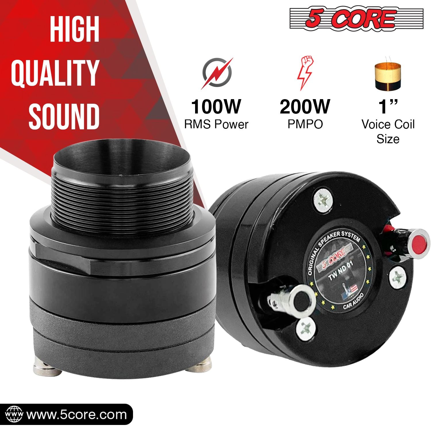 5 Core 1-inch titanium bullet tweeter, 200W power, 4-ohm neodymium speaker horn, compact design.