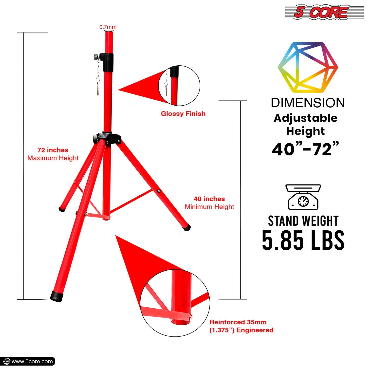 Red heavy duty steel speaker stand tripod adjustable from 40 to 72 inches, featuring a glossy finish and 35mm pole mount.