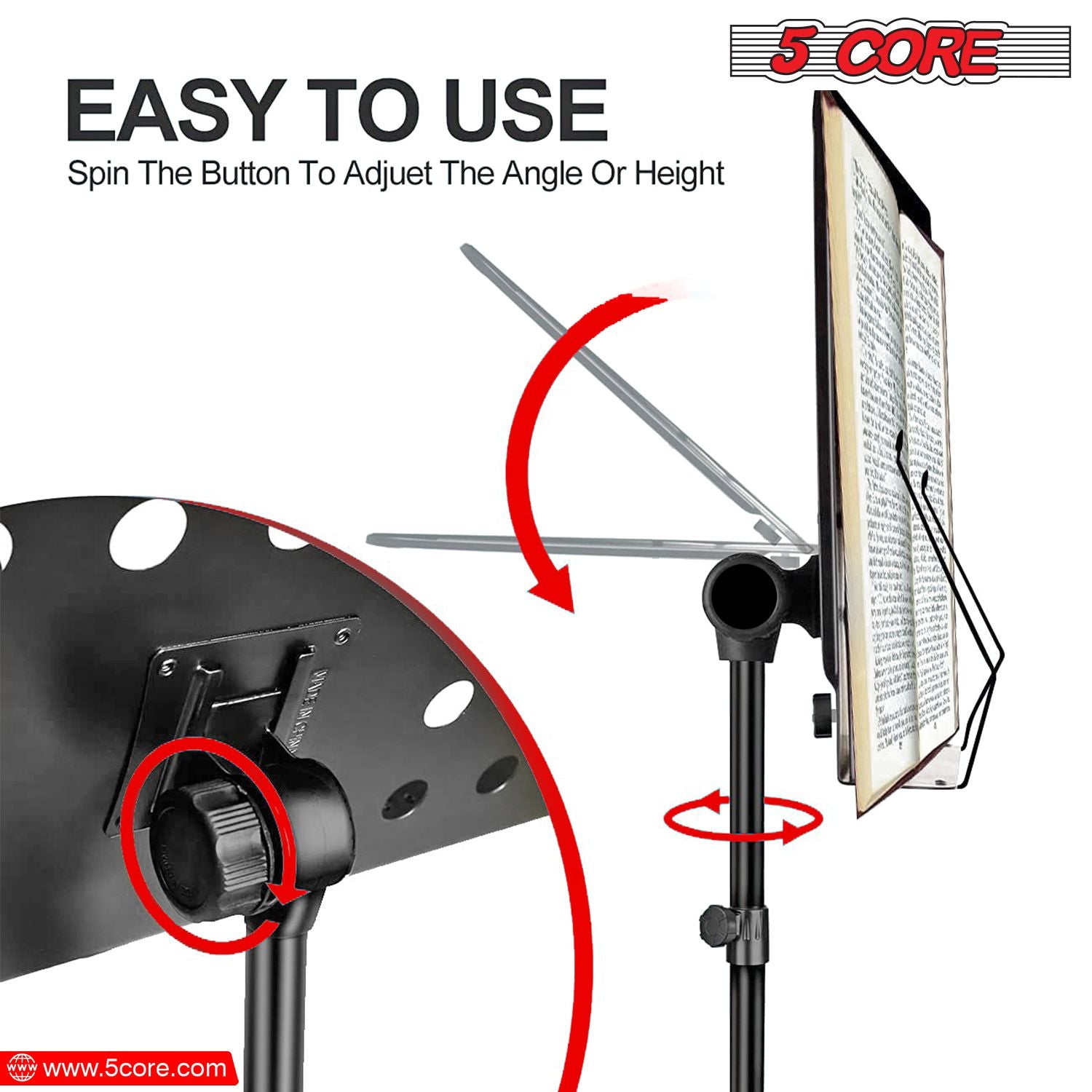 Heavy-duty black metal music stand with adjustable height and mic boom by 5 Core.