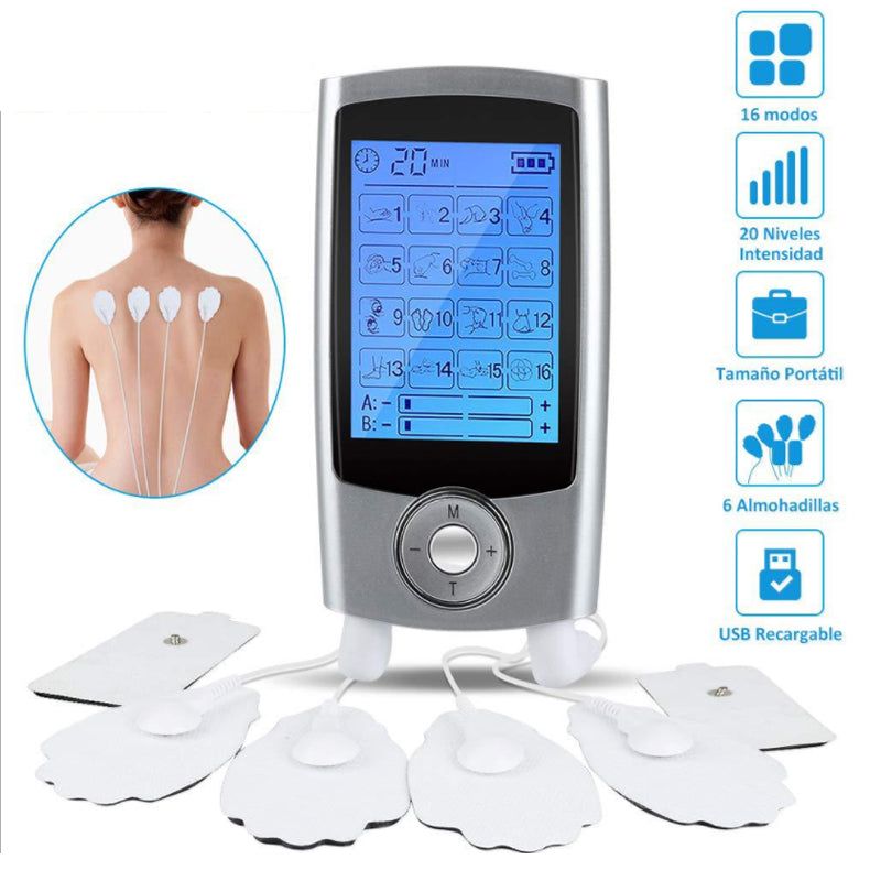 Portable Doba TENS unit muscle stimulator with 16 modes, LCD display, four electrode pads, and USB rechargeable battery.