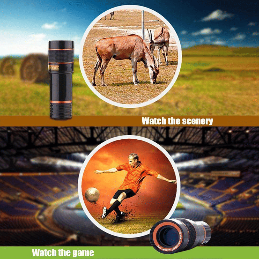 Black 8X zoom telescope camera lens clip-on for mobile phones by Doba, featuring an ABS material design.