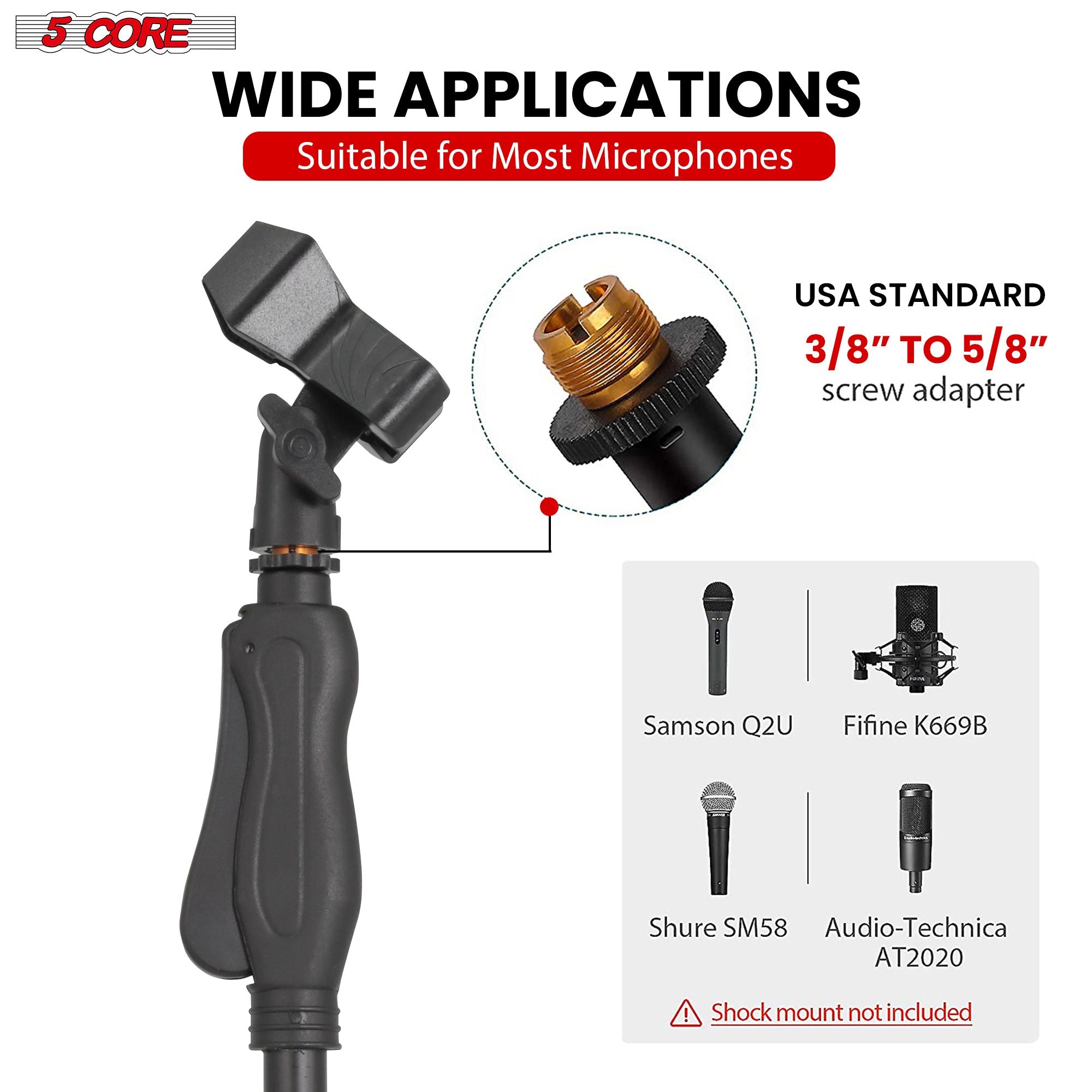 5Core heavy-duty black microphone stand with hand clutch, 35-57" adjustable height and 10-inch round base.