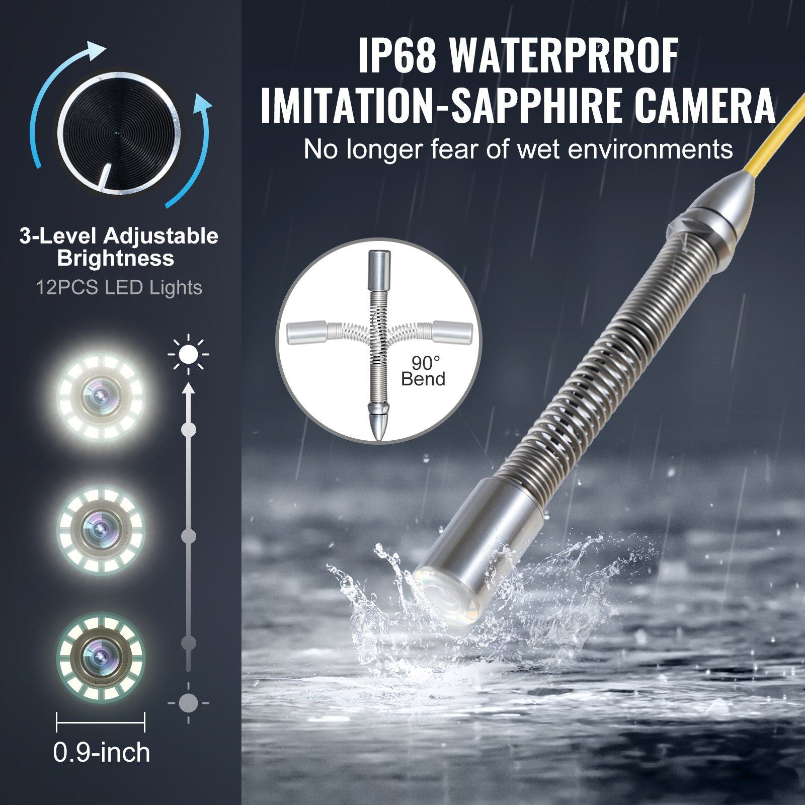 Self-leveling sewer camera with 165 ft cable, 9-inch screen, and IP68 waterproof rating by Doba.