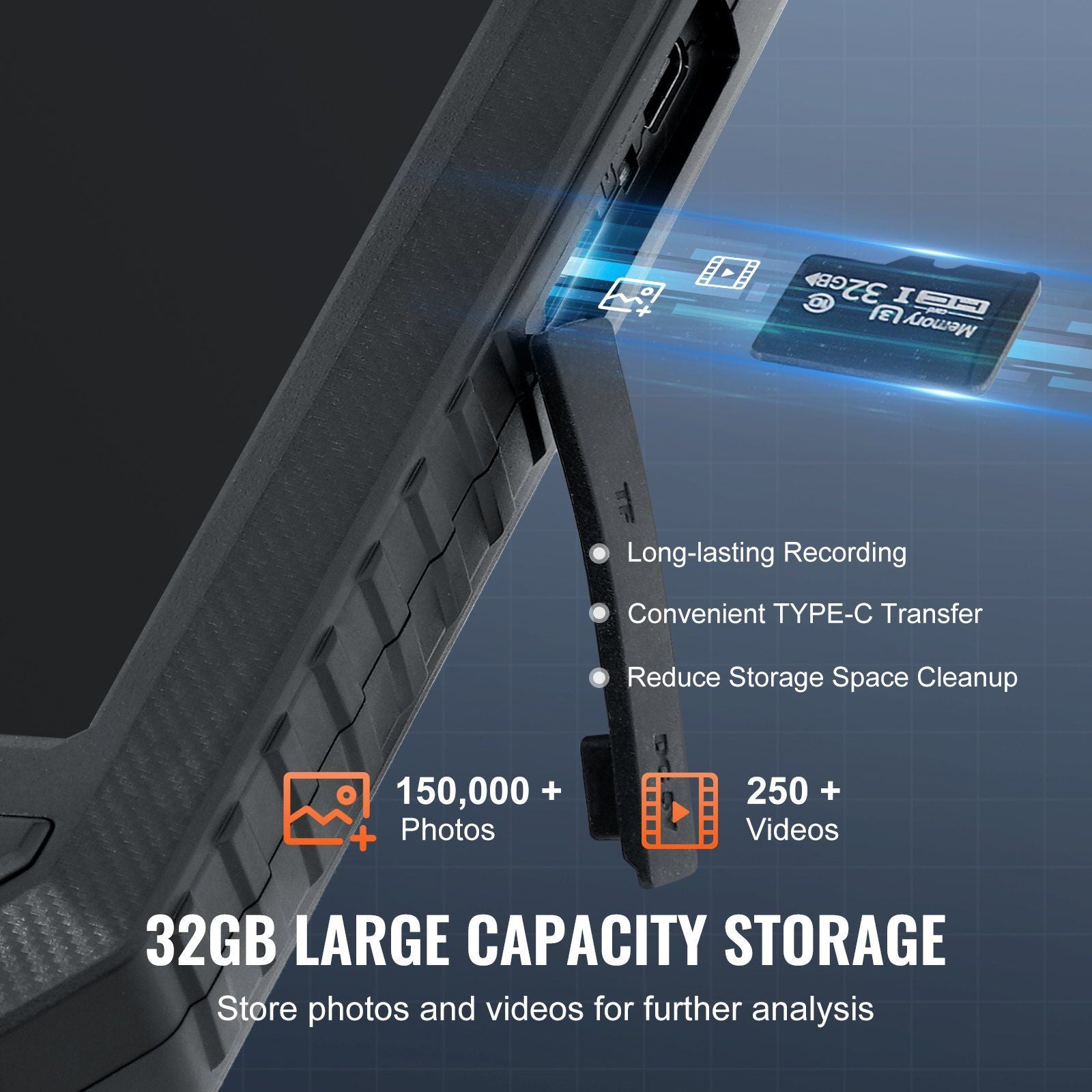 32GB storage for 150,000 photos and 250 videos, compatible with Type-C transfer for easy analysis.
