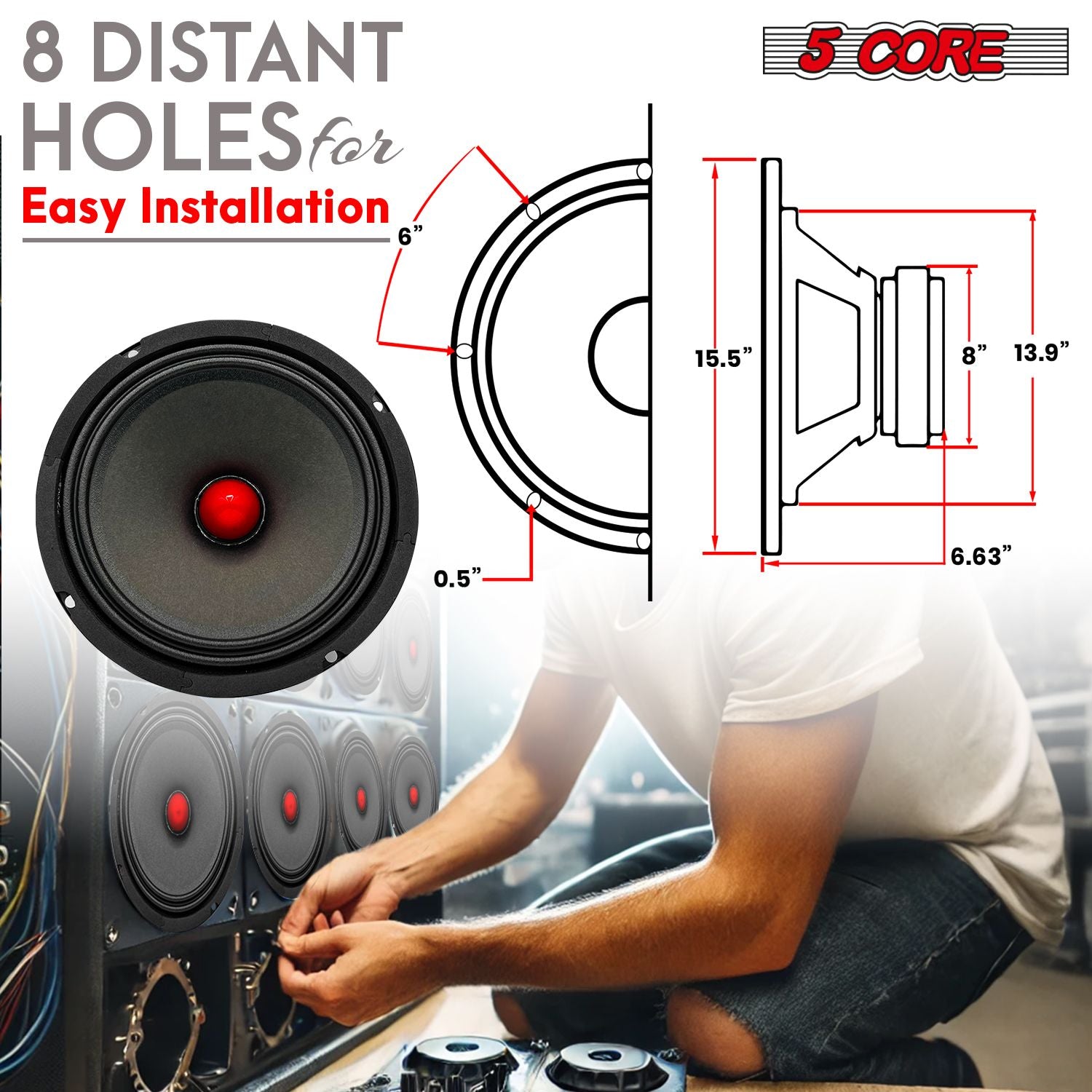 5 CORE 8 Inch Mid Range Bullet Pro Audio Car Speaker Red Aluminium Bullet Loudspeaker 500W Max 8 Ohms - Premium Quality Audio Door Speakers for Car or Truck Stereo Sound System MR 8 BLT 8oHM