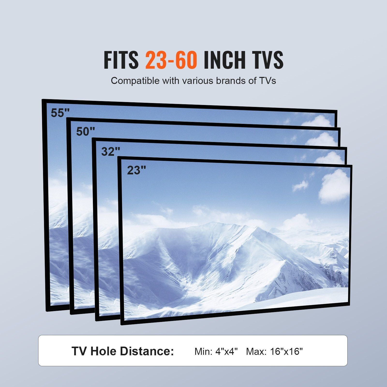 Mobile TV stand for 23-60 inch TVs, height adjustable, black with wheels, includes tray for audio-visual devices.