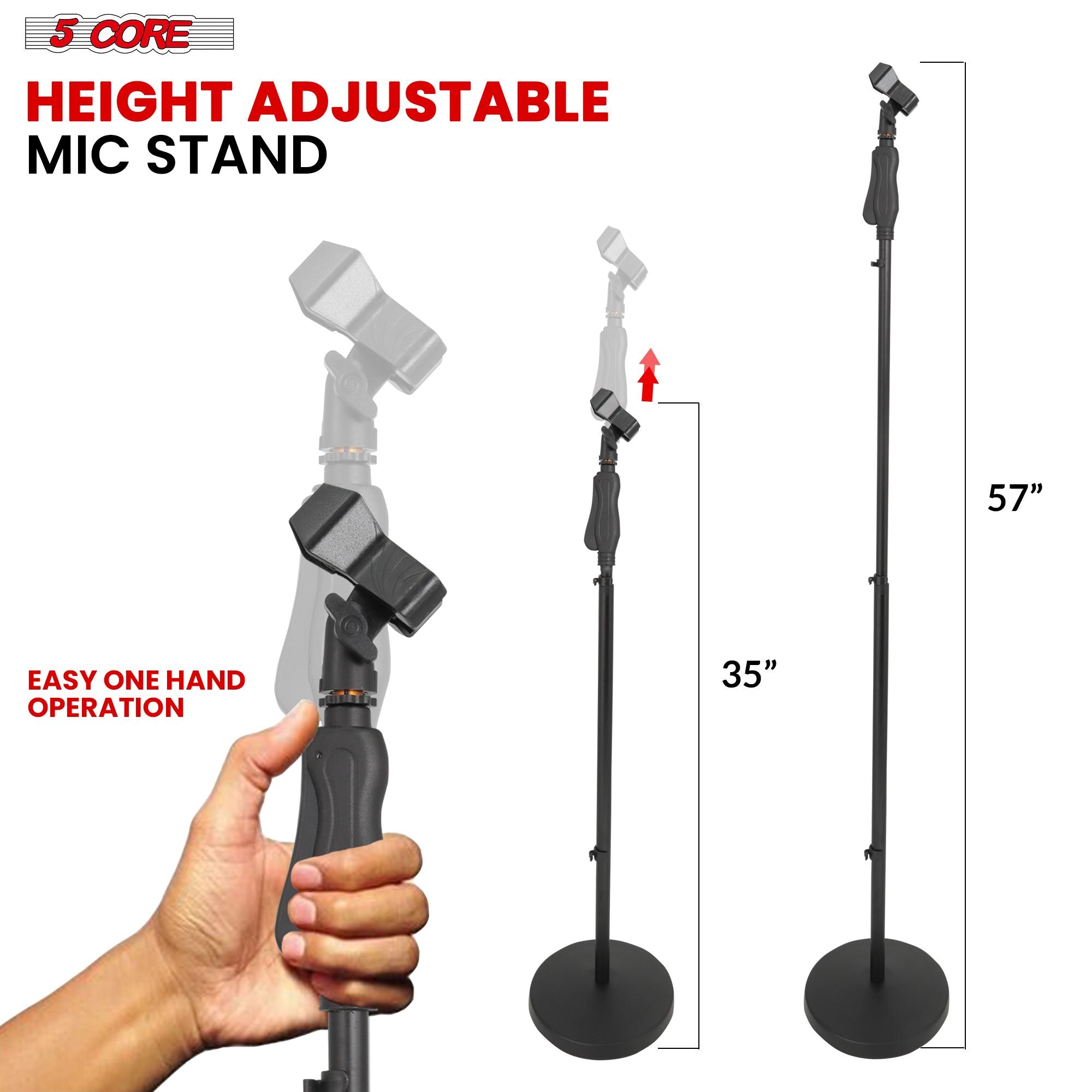 Height adjustable 5Core heavy-duty metal microphone stand, black, 35-57 inches, with round base and hand clutch.