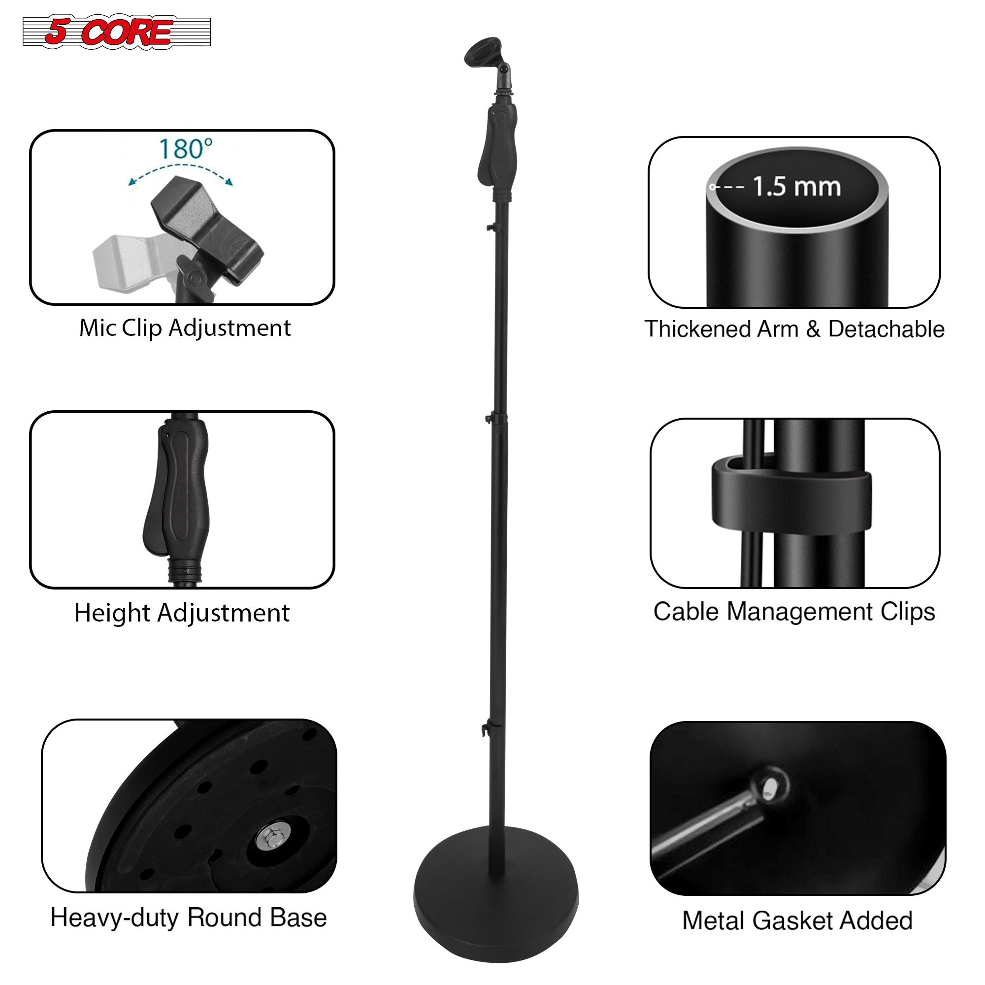 5Core heavy-duty black microphone stand with 35-57" adjustable height and round base, featuring hand clutch and cable manage