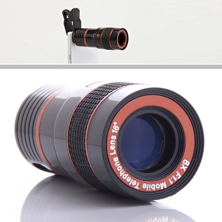 Doba telephoto lens attachment in black and red, zooms 8x for smartphones and tablets.