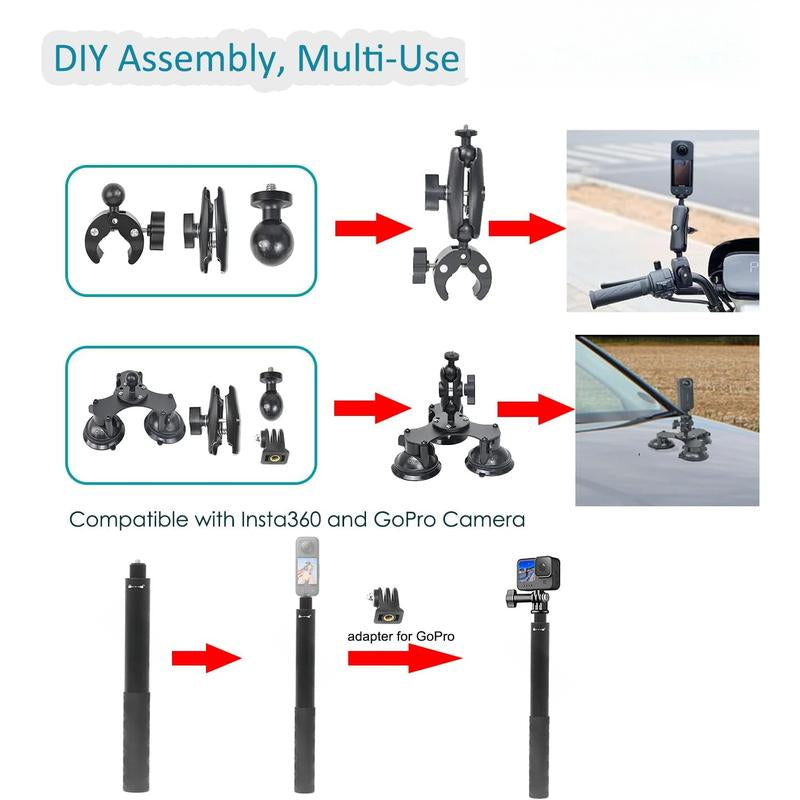 360 Camera Suction Cup Mount Kit for Insta360 X4/X3/Ace Pro/Go 3 & Max/Hero 12/11 - Triple / 5 Suction Cups with Super Clamp & Selfie Stick for High-Speed Video