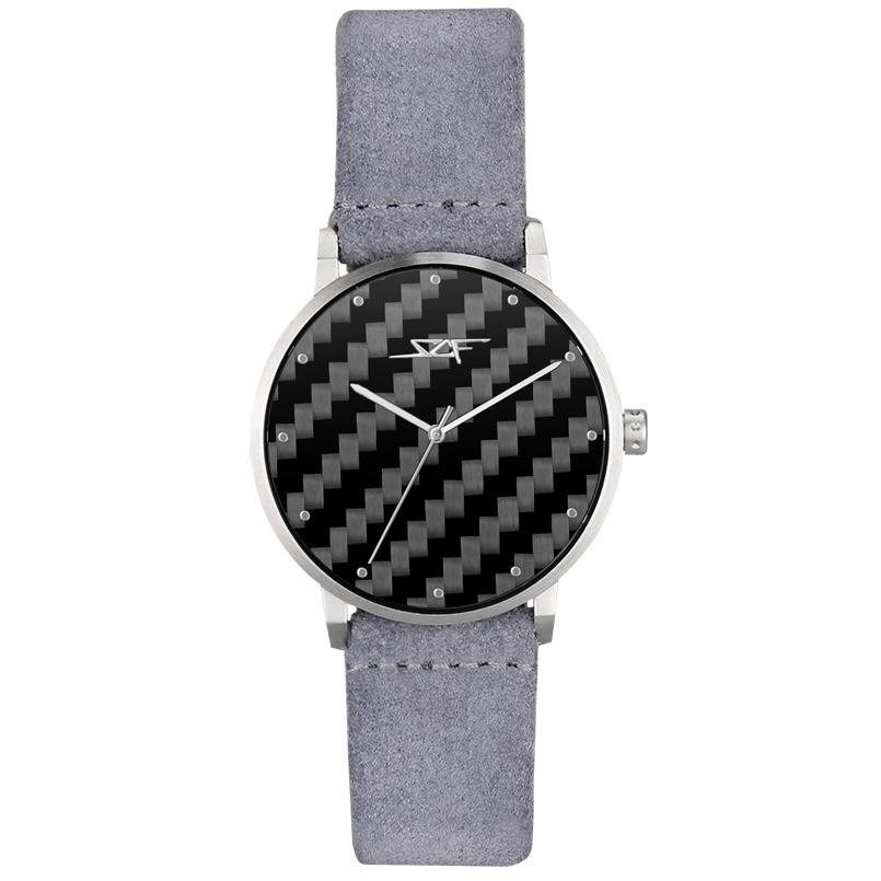 Gray suede strap carbon fiber watch face with silver accents by Simply Carbon Fiber.