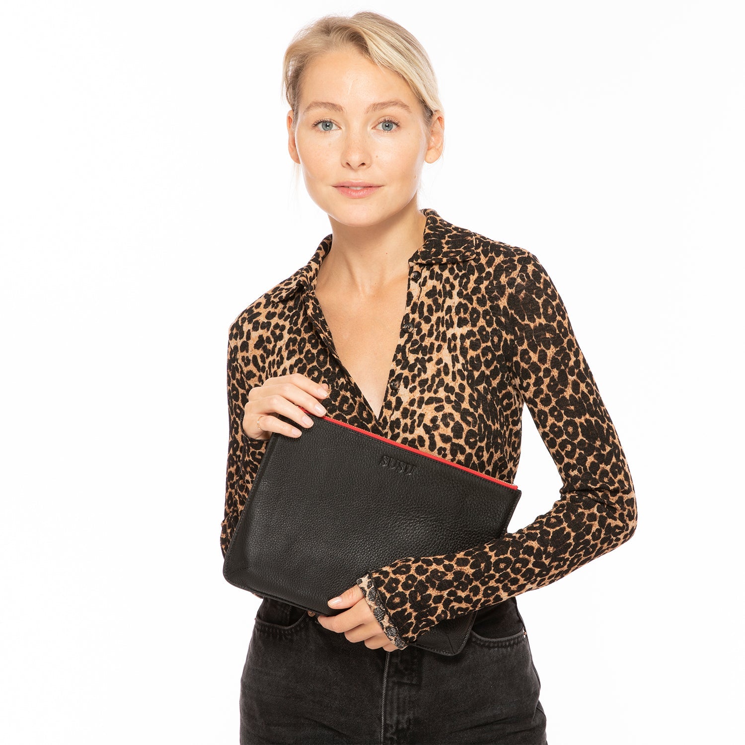 Elegant Black Leather iPad Clutch Case - Genuine Pebbled Leather