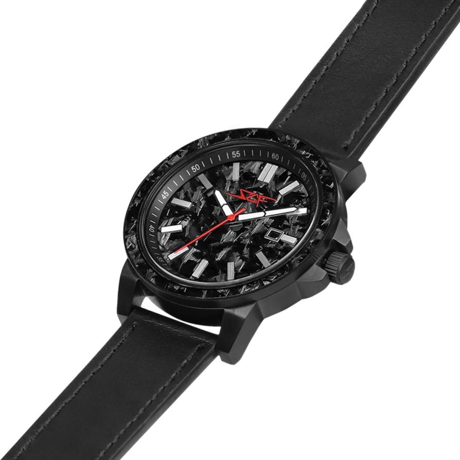 MONZA APOLLO 42mm forged carbon fiber watch with black stainless steel case and leather strap by Simply Carbon Fiber