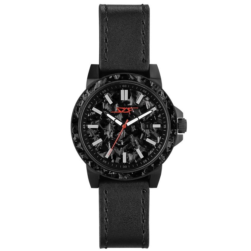 MONZA APOLLO forged carbon fiber watch with 42mm stainless steel case and black leather strap, featuring red accents.