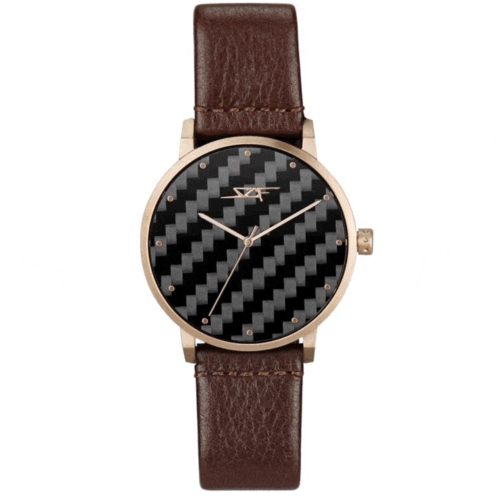 Brown leather strap watch with a black carbon fiber patterned dial by Simply Carbon Fiber.