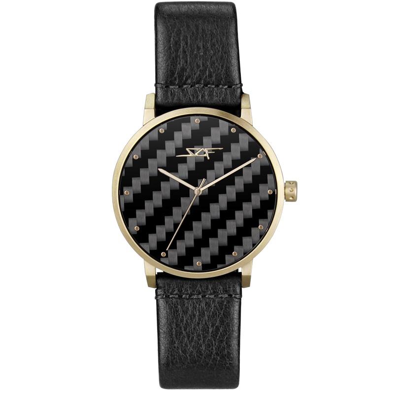 Black carbon fiber watch with gold accents and a leather strap by Simply Carbon Fiber.