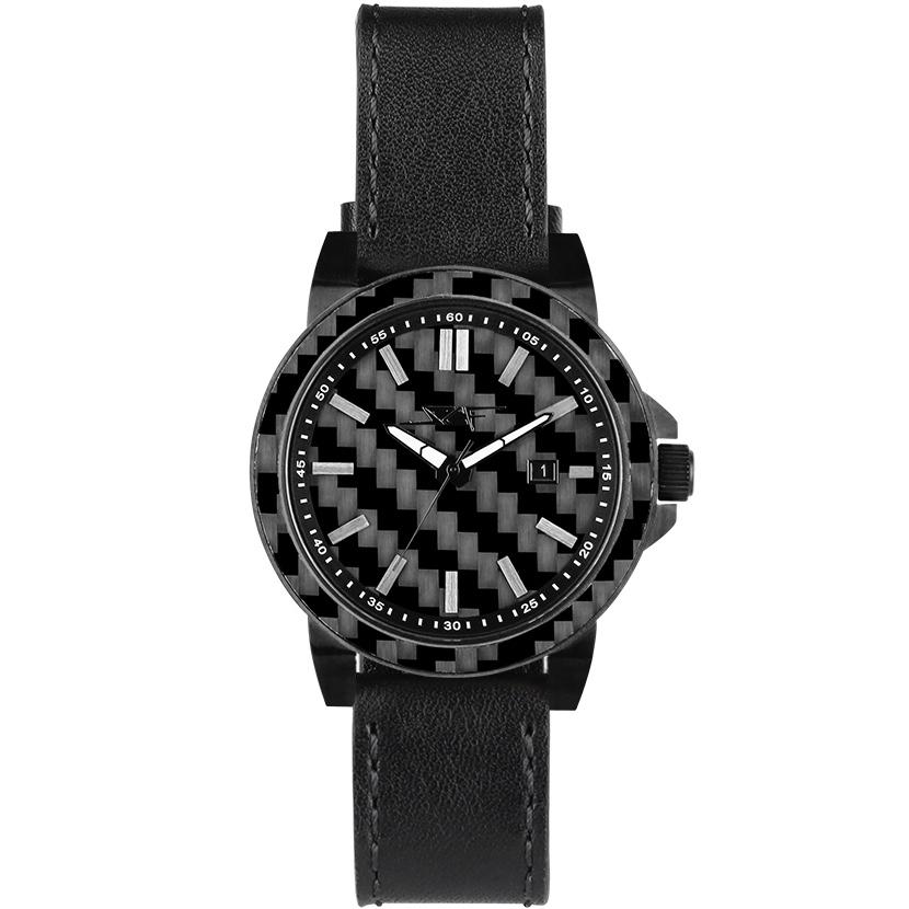Black carbon fiber watch with a patterned dial and leather strap from Simply Carbon Fiber.