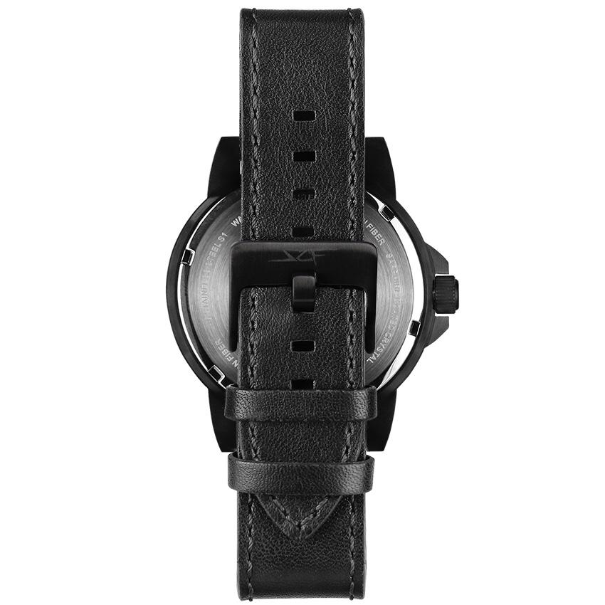 Black carbon fiber watch with a minimalist design and leather strap from Simply Carbon Fiber.