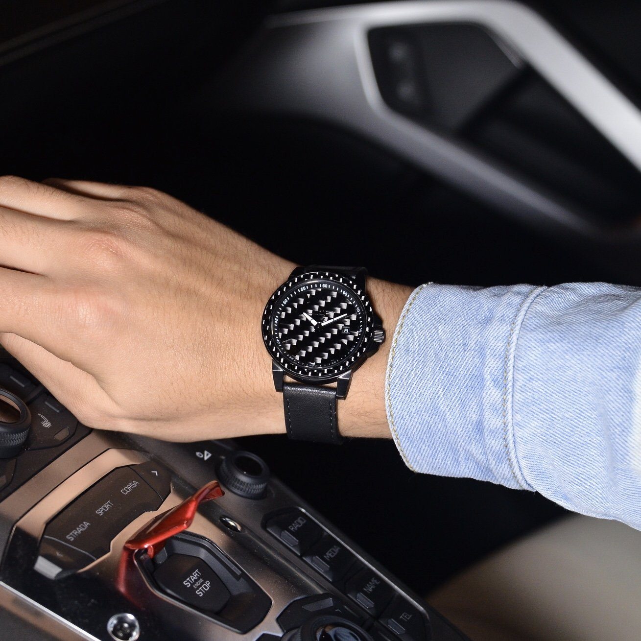 Simply Carbon Fiber Apollo Series carbon fiber watch with black leather strap and textured dial