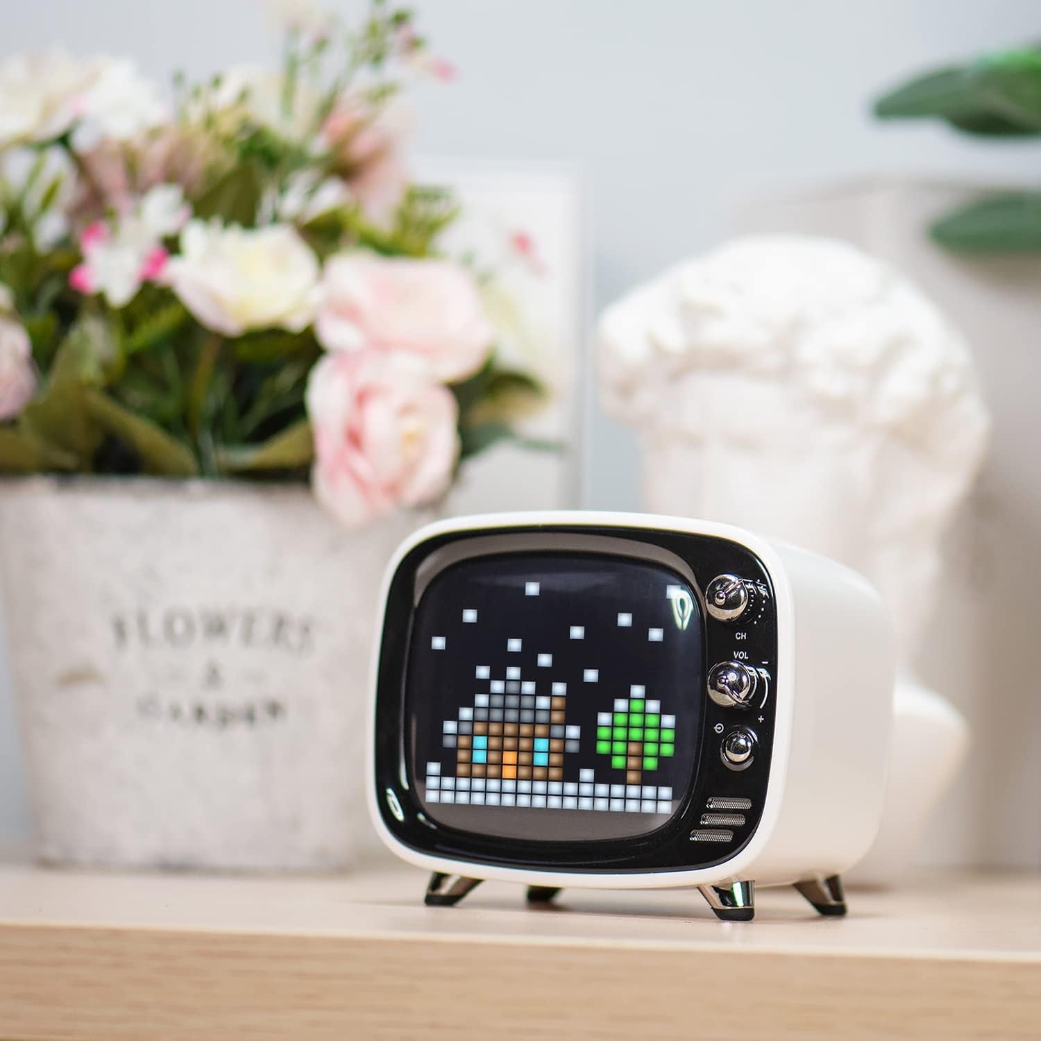 Mini Retro Bluetooth Speaker with 16X16 LED Display APP Control- Cool Animation & Gaming Room Setup & Bedside Alarm(White)