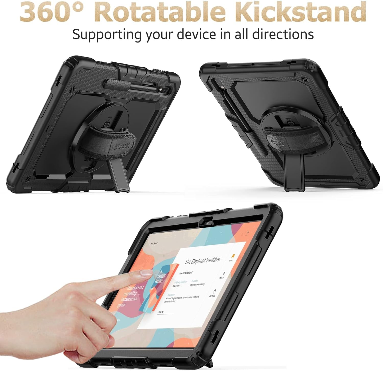 Case for Samsung Galaxy Tab S7 FE / S8 plus 5G Case 12.4'' with Screen Protector Pencil Holder [360 Rotating Hand Strap] &Stand, Drop-Proof Case, Black