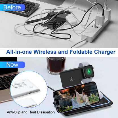 3-In-1 Wireless Charging Station 15W Fast Wireless Charging Base for Iphone15/14/13/12/11/Pro, Iwatch, Airpods Pro, Qi Standard Mobile Phones, Foldable Wireless Charging Stand Black