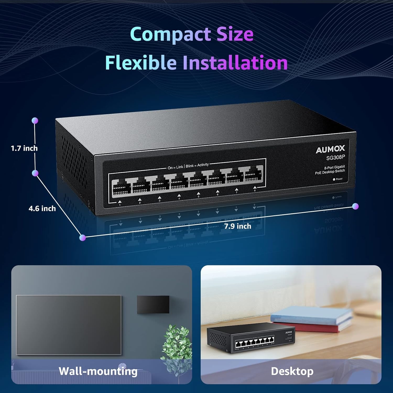 8 Port Gigabit Poe Switch, 8 Port Poe 120W, Gigabit Ethernet Unmanaged Network Switch, Plug and Play, Sturdy Metal Housing, Traffic Optimization