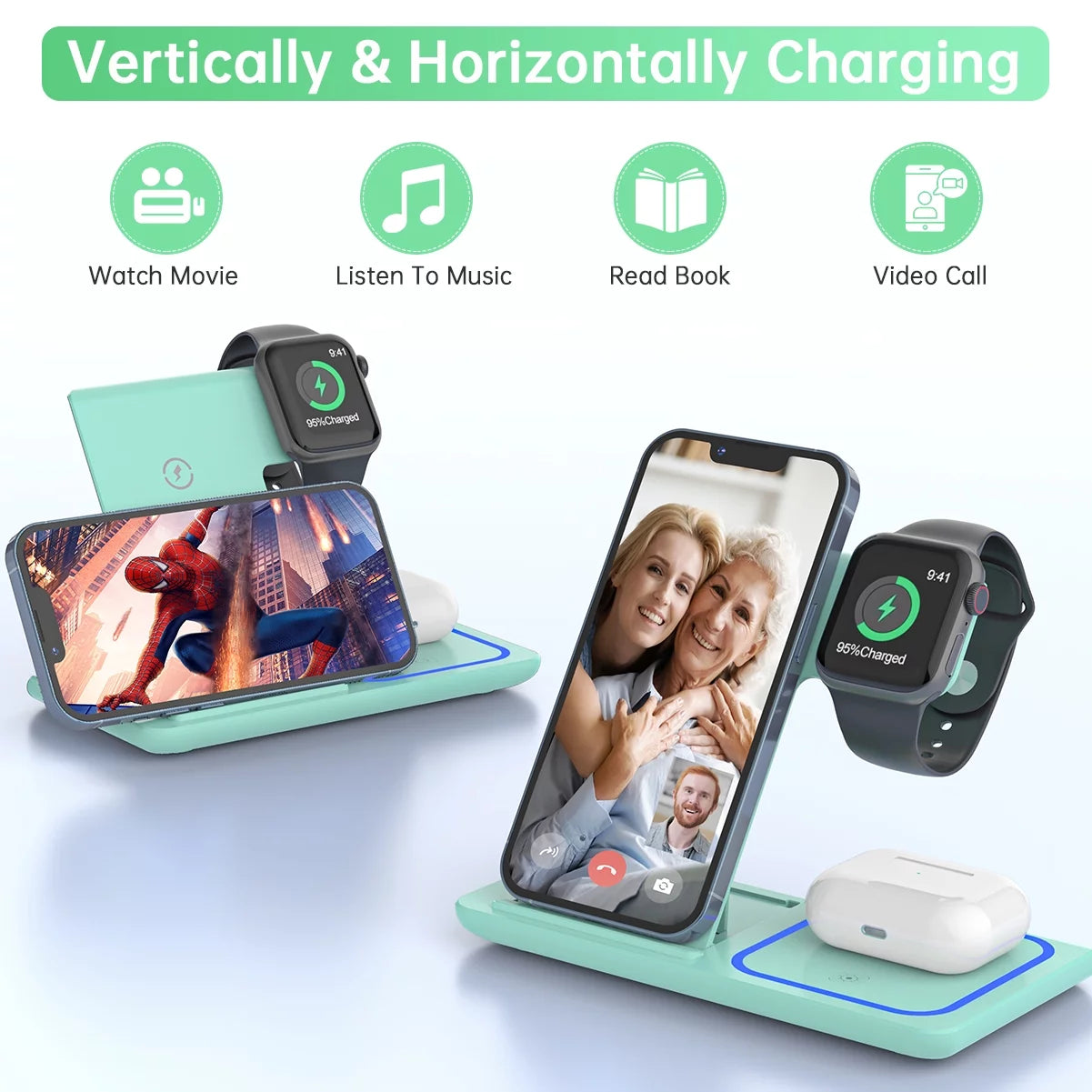 Wireless Charger, 18W Fast Iphone Charging Station for Iphone 16/15/14/13/12 /11/Pro Max/Plus, 3 in 1 Wireless Charging Stand for Iwatch Series SE 10/9/8/7/6/5/4/3, Airpods Pro/3/2 (W/ QC3.0 Adapter)